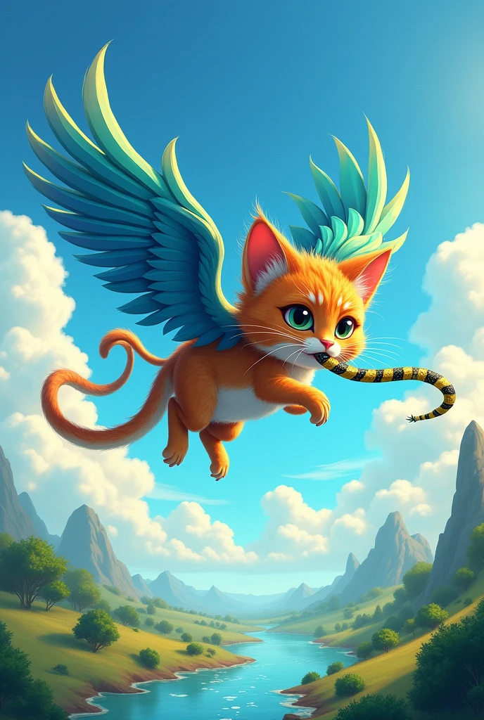 Cat flying with wings holding a snake in its mouth