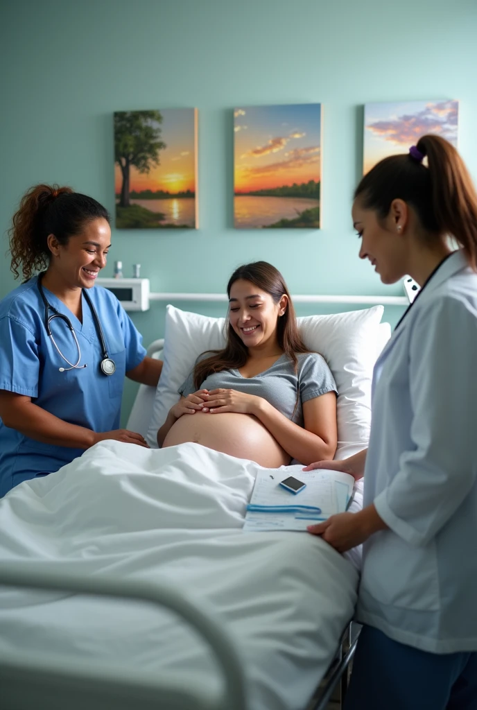A pregnant woman crying in the hospital、Four female doctors are taking care of a patient in a hospital room
