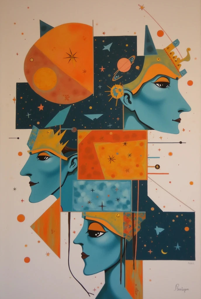 cubism portrait, fine art, teal and orange, contemporary art, alien form head shot, queen of space.