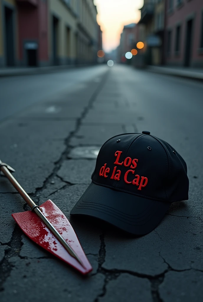A cupid's arrow with blood and lying on a street and a black baseball cap that says Los de la Cap
