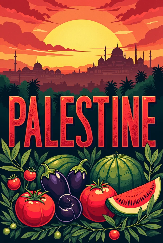 An image of the word PALESTINE in red colors, white, black and green representing eggplants, olives, tomato, watermelons and joy.
As well as large Arab cities