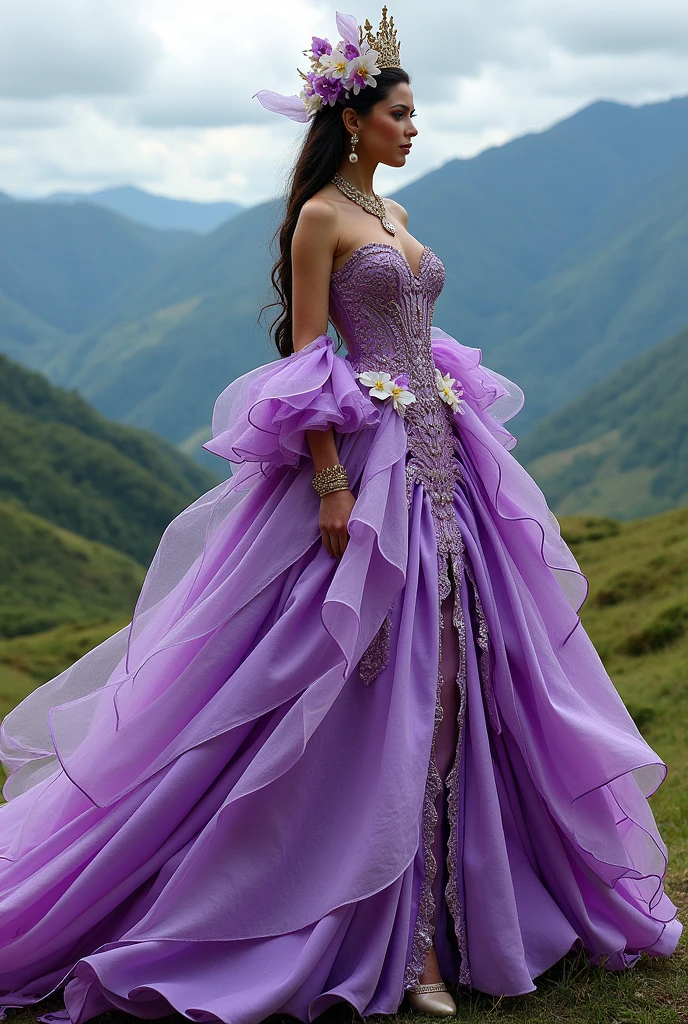 Fantasy dress for a queen alluding to the department of Boyaca Colombia with orchids