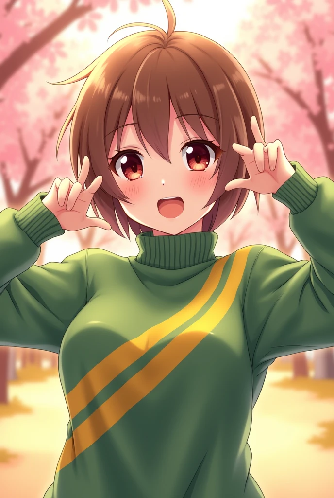 an anime girl with dark red eyes and short brown hair wearing a green turtleneck with two yellow stripes on her chest of her turtleneck sweater doing a cute pose