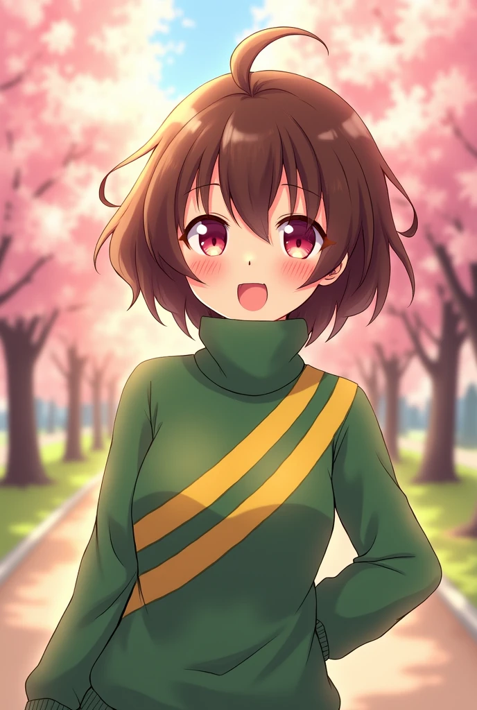 an anime girl with dark red eyes and short brown hair wearing a green turtleneck with two yellow stripes on her chest of her turtleneck sweater doing a cute pose
