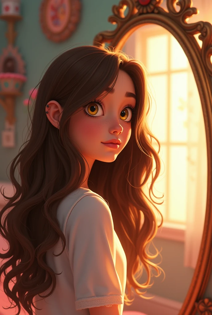 Her character brushes her long brown hair into a messy mess in front of a mirror., his yellow eyes reflecting a serene morning glow. The character has long brown hair, smooth and disheveled.  She has soft and delicate facial features, with bright, expressive yellow eyes that reflect a serene and thoughtful expression.  Her skin is fair and she is beautiful, Make it Disney Pixar style.