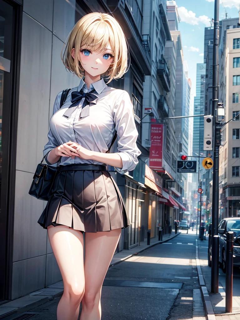 Anime style, super fine illustration, highly detailed, beautiful detailed, pale tone image, static representation, gentle expression, 8k, pretty 1girl with blonde straight short hair & blue eyes & a bright smile & full bust & soft fair skin is wearing big white business shirt not to show her skin & black tight skirt & 1business bag, on the business building street, in the morning, brilliant particles of lights, romantic stories, solo, perfect fingers, perfect arms, perfect legs, masterpiece.
