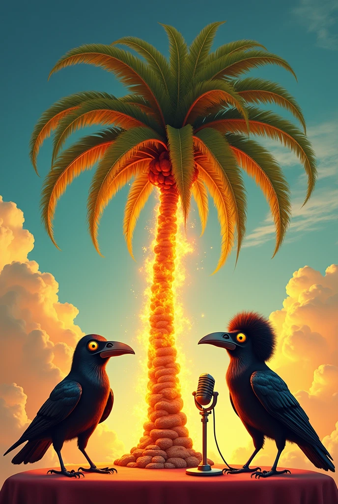 Palm on fire with two funny raven with yellow eye on top , Talking with a podcast microphone. One of them have a afro