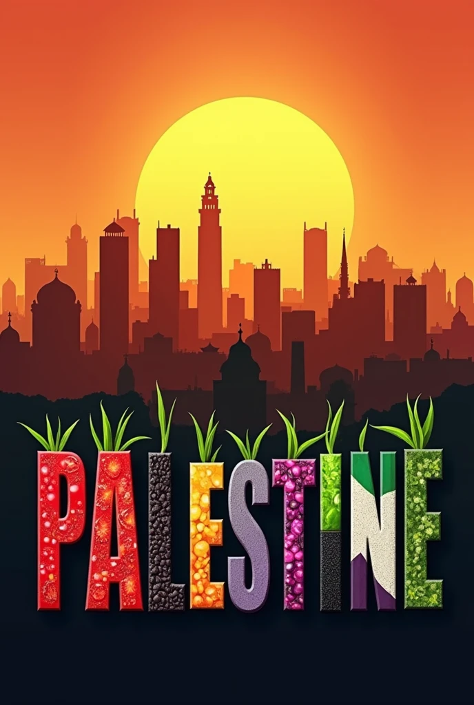 An image of the word PALESTINE in red colors, white, black and green representing eggplants, olives, tomato, watermelons and joy.
As well as large Arab cities