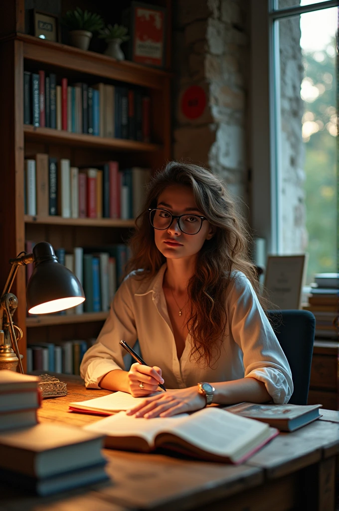 White woman with brown hair, with glasses at a desk writing a book