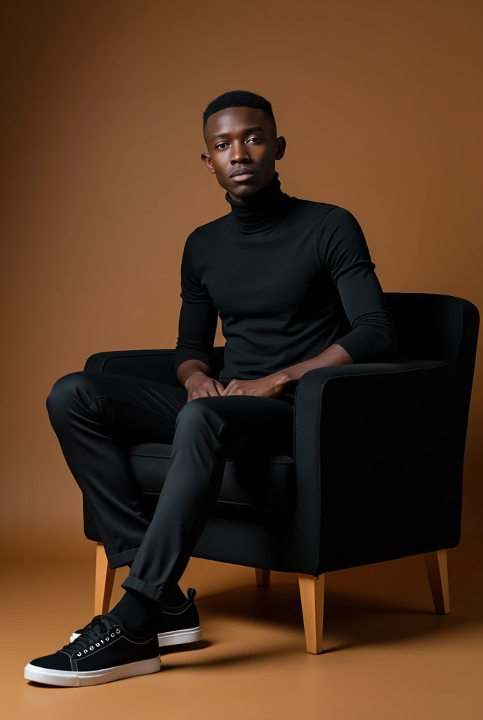 best qualityer:1.4), (ultra high resolution:1.2), (photorrealistic:1.4), (8k, CRU photo:1.2), a thin young man of 20 years old, skin black , with a smooth, beardless face, short American haircut on the sides and top, is wearing a black turtleneck shirt, He is wearing black dress pants and black sneakers. He is sitting on a small black sofa. is in a photography studio with a brown background