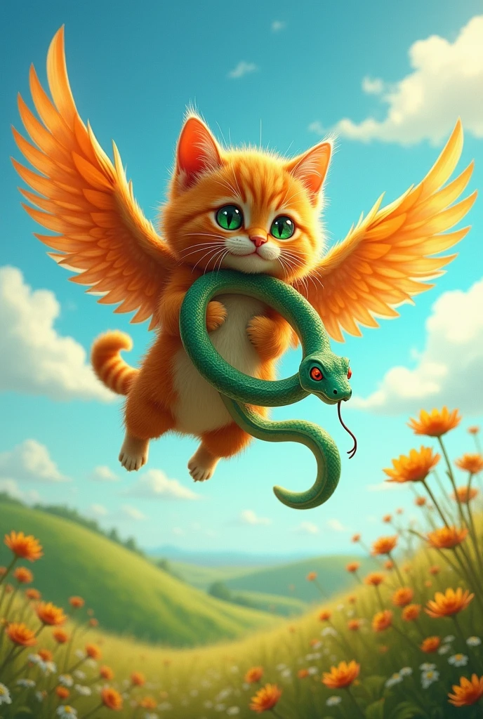 Cat flying with wings holding a snake in its mouth