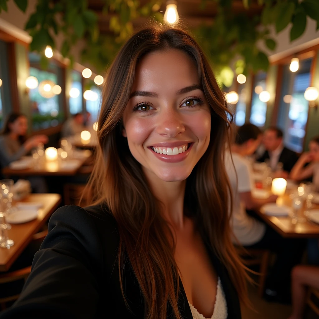 a 24 year old white woman, beautiful body, long straight brown hair and brown eyes, selfie, restaurant