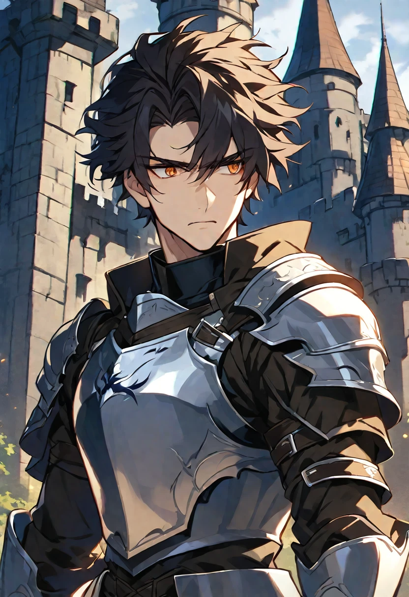 solo, handsome, 1 male, dark hair, short parted hair, orange eyes, brooding knight, concerned expression, castle background, wearing armor