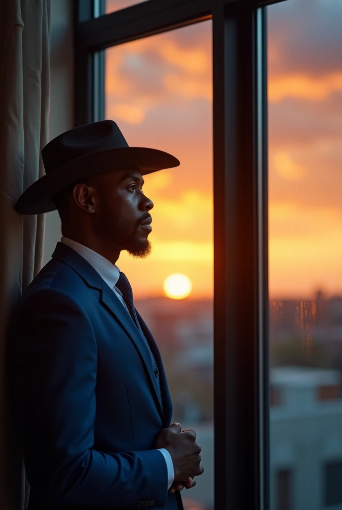 A black gentleman dresed in blue suits and with cowboy hat, looking outide through the window seding   seeing a beautiful sunsets and it is cloudy and almost raining outside, make left hand side of the picture black- blurred 