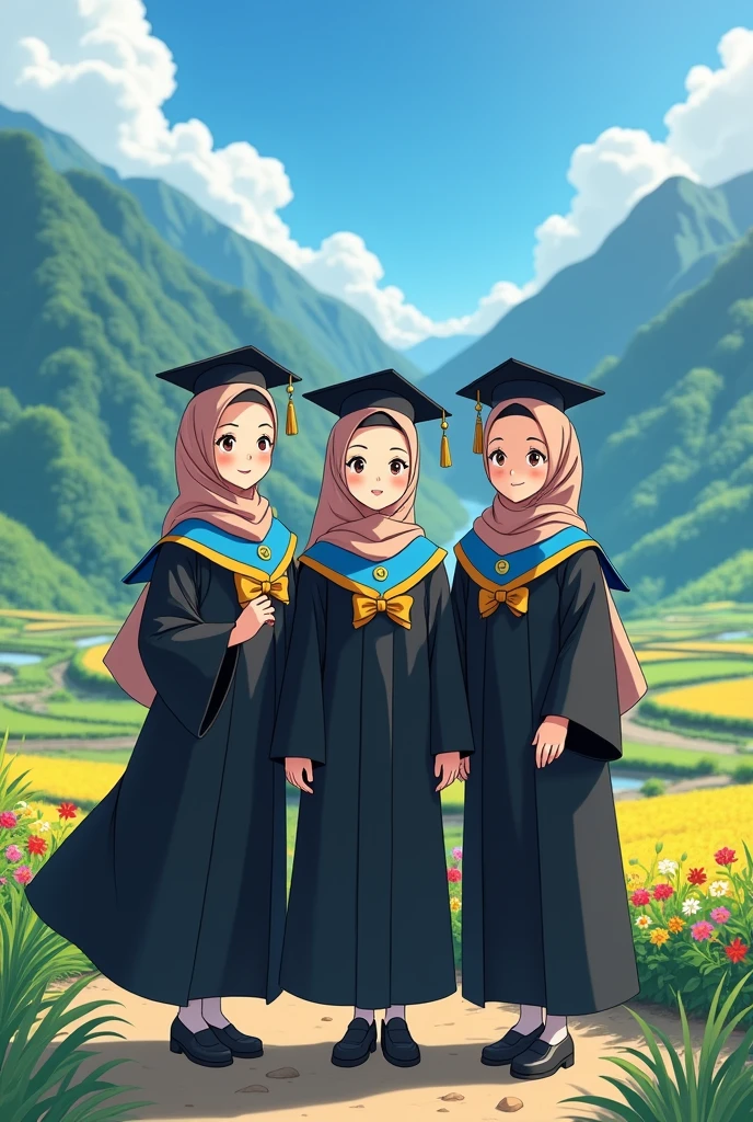 studio Ghibli, 3 women wearing hijab,  pastel brown color hijab, wearing black graduation hat, wearing blue graduation hood with yellow color on the edge, wearing black graduation gown, Long graduation gown that covers the ankles, wearing black shoes , rice field background with flowers,mountain background with waterfall, kawaii theme designs, kawaii poses