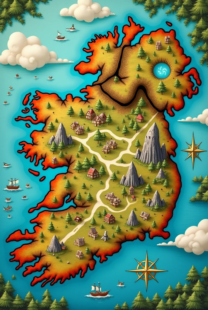 Map of Ireland in 1740, where to the south is the sub-kingdom of the fairies, north is the sub-kingdom of the gnomes, then the sub-kingdom of the Vikings and shortly after Chaos Mountain, to the east the sub-kingdom of the goblins, and to the west the sea
