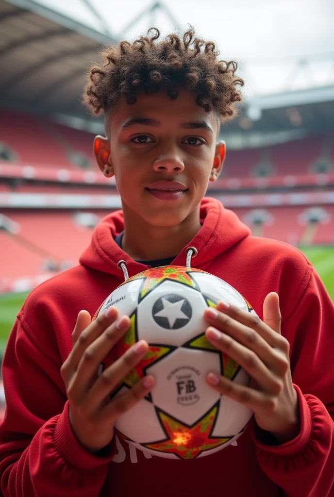 Make a picture of a teenage Arsenal fan holding a Champions League ball inside Arsenal stadium, put melanin in it, and do the taper cut phase, and that he has short curly hair with bangs, Make him more beautiful, make your hair more curly