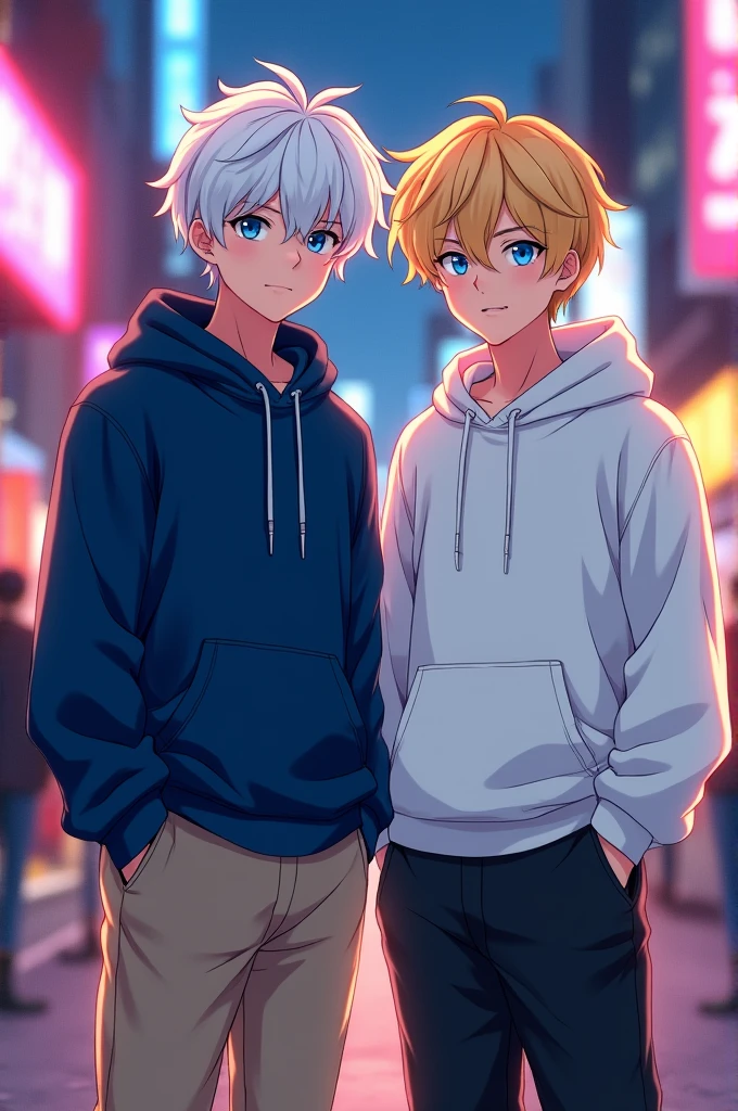 Creates an 18 year old boy with midnight blue hooded top and beige pants, white hair, anime version Along with an 18 year old boy with blonde hair, blue eyes, white hooded top and black pants 