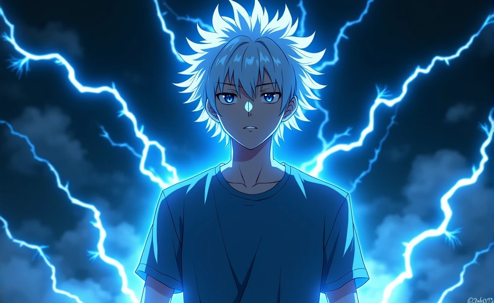 young man with a serious expression, surrounded by an electric aura. His hair is spiky and messy, white or silver, which contrasts strongly with the dark, bluish lighting that dominates the scene.. He is dressed in a short-sleeved T-shirt over a long-sleeved T-shirt, both in dark tones, which gives it a casual but powerful air.
The background is shrouded in darkness, with rays of blue electricity snaking around the character, illuminating it dramatically and highlighting its figure in the dim light. The atmosphere is intense, conveying a sense of contained power and potential danger. The combination of the character's relaxed posture and the visual effects of electricity suggests that he is about to unleash an impressive force..
This style is still semi realistic anime, with a focus on energy effects and building a tension-filled environment. It's a scene that could belong to a climactic moment in an action or fantasy series..