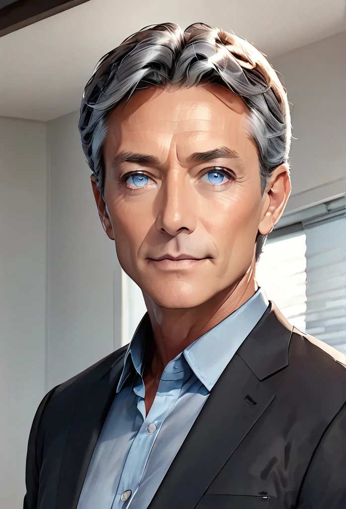 1 man, mature male. Gray blue eyes, short black gray hair. Hairstyle CEO, Office Background Home.