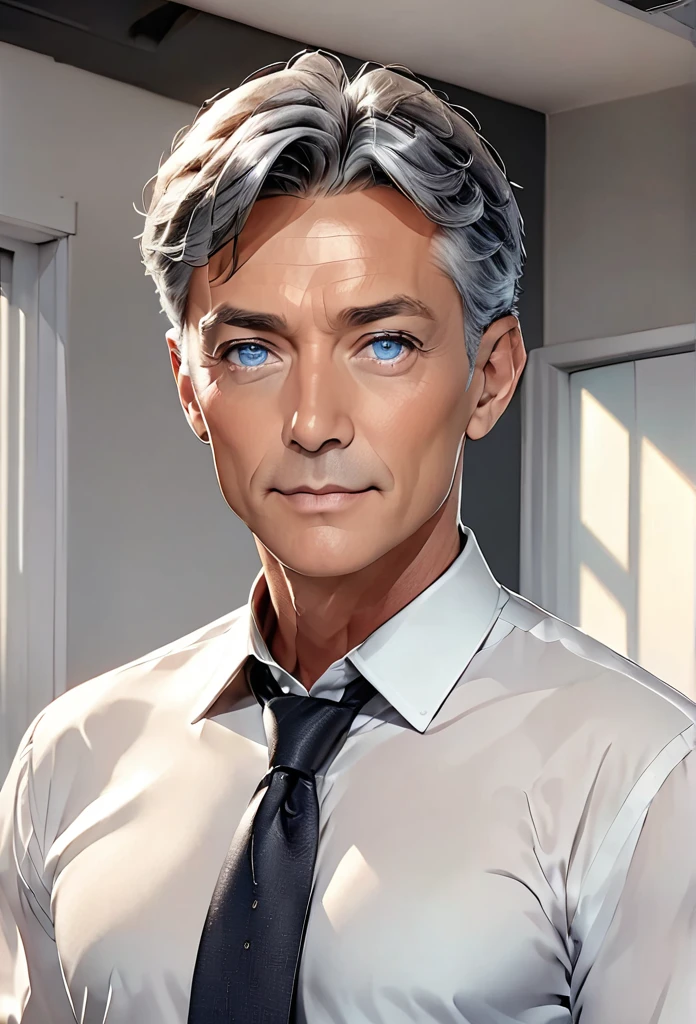 1 man, mature male. Gray blue eyes, short black gray hair. Hairstyle CEO, Office Background Home.