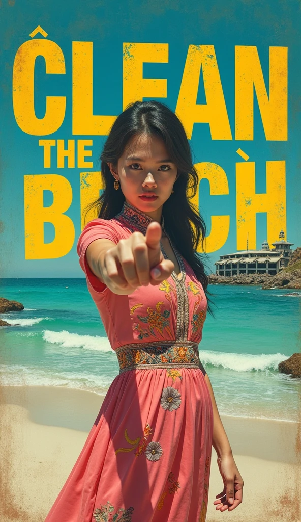 Bold, distressed, and weathered title "CLEAN THE BEACH" in a gritty, vibrant, and unsettling 70's grindhouse cinema poster style, dominating the foreground with a sense of urgency, in a worn, neon-lit color scheme with acid yellows, hot pinks, and deep blues. Against this backdrop, a stunning, 30-year-old female stands out, exuding a sense of mischief and determination, set amidst the desolate landscape of Muine beach, flanked by a dilapidated resort and a calm, turquoise sea. Her dynamic posture conveys a sense of defiance, wearing a worn, vintage ao dai with intricate embroidery and faded florals, its soft folds and creases a stark contrast to the harsh environment. Her finger points accusingly at the viewer. Barren, trash-littered landscape, surrounded by shattered garbage and discarded waste, evoking a sense of rebellion and frustration. The image is rendered in a style reminiscent of Arthur Rackham and Ciruelo Cabral, with bold lines, expressive textures, and an ultra-detailed, cinematic quality, as if ripped from the reels of an analog film.