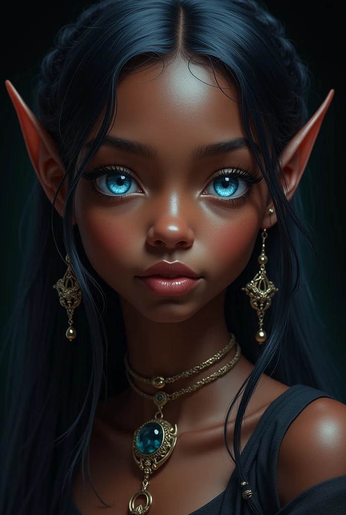 masterpiece, official art, Best Quality , extremely detailed, fantasíav2, 1 girl, Alone, by the wide, hits, blue eyes, Love, jewelry, hair Love, Upper part of the body, Horse tail, by white, side locks, earrings, pointy ears, Dark skin, mujer de Dark skin, Lips, eyelashes, black Love, colored skin, Black background, elf, portrait, dark elf , 