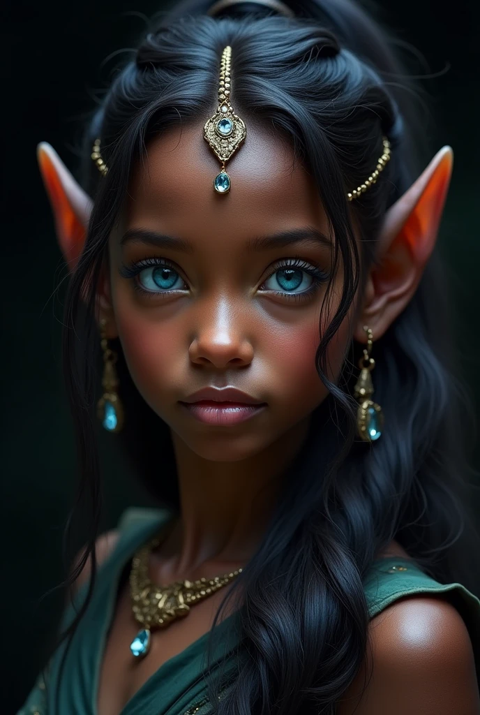 masterpiece, official art, Best Quality , extremely detailed, fantasíav2, 1 girl, Alone, by the wide, hits, blue eyes, Love, jewelry, hair Love, Upper part of the body, Horse tail, by white, side locks, earrings, pointy ears, Dark skin, mujer de Dark skin, Lips, eyelashes, black Love, colored skin, Black background, elf, portrait, dark elf ,