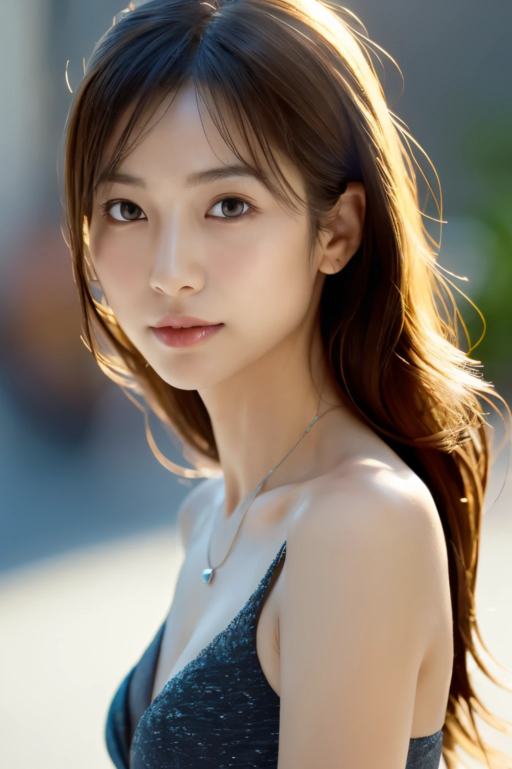 Skinny Japanese woman, Dressed, small head, cute face, detailed face, detailed eyes, (photographrealistic:1.4), (Hyper realistic:1.4), (Realistic:1.3), (Smoother lighting:1.05), (increase cinematic lighting quality:0.9), 32K, 1girl in, 30-years old, Realistic lighting, Backlighting, Light on Face, raytrace, (Brightening light:1.2), (Increase quality:1.4), (Top quality real texture skins:1.4), Black underwear, a necklace, Very thin waist, slender legs, (Increase body line mood:1.1), (Increase the beauty of skin texture:1.1)