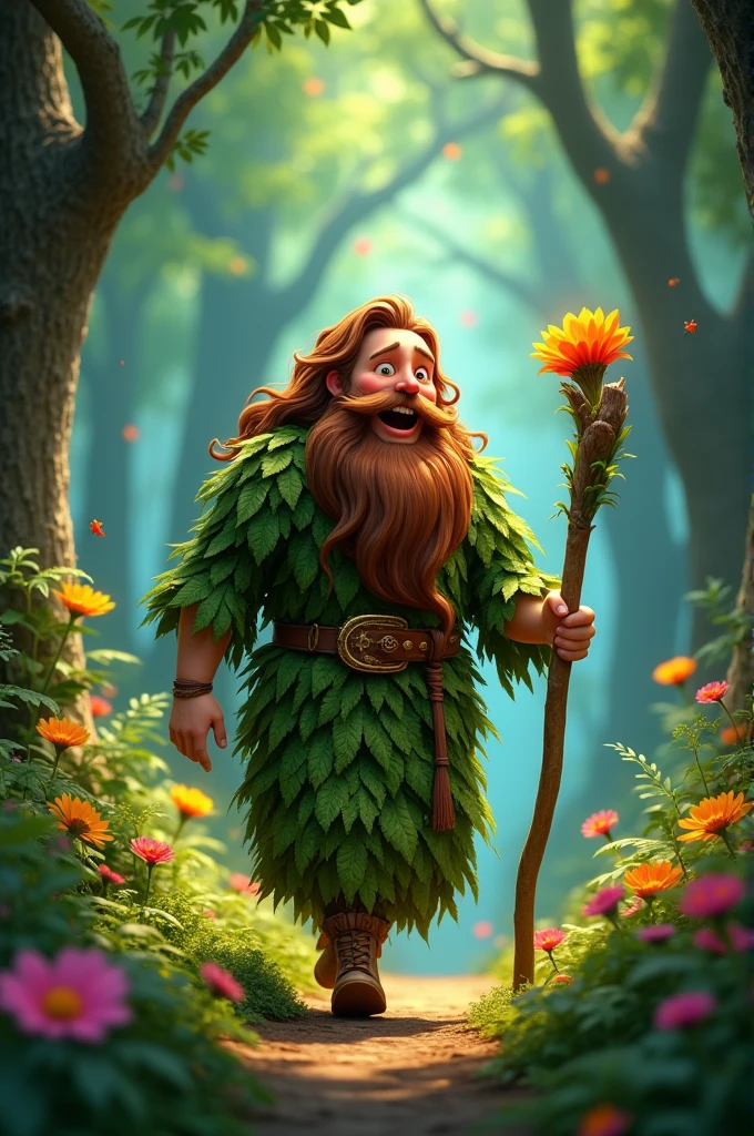 Cheerful and friendly god of the forest, with long brown hair to the waist, long brown beards to the waist, dressed in dry leaves from the trees, walking through a magical forest, with a wooden stik in his hand,8k,pixar style