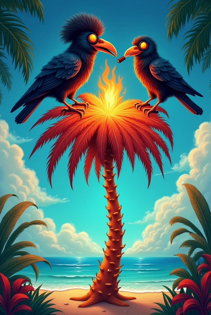 Palm on fire with two funny raven with yellow eye on top , Talking with a podcast microphone. One of them have a afro and he is smoking