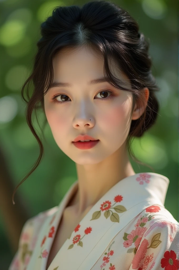 An elegantly dressed Japanese woman in natural light、A close-up of her chest and calm expression.、It shows her inner peace and outer charm.。