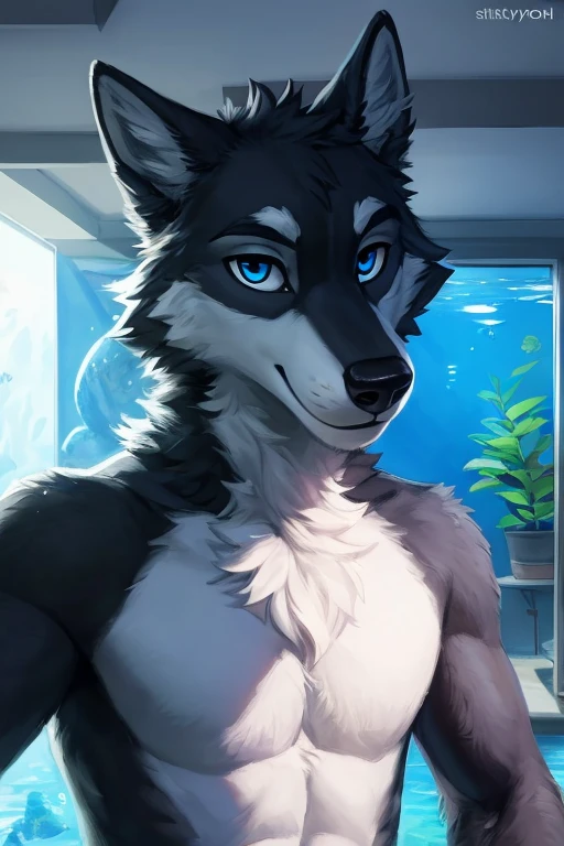 ((( in front of a aquarium tank on the inside , A furry character wolf thats mostly gray with some black fur on his back and legs with a white torso his head has black and white fur and has dog/wolf like ears which has black fur on it
And his tail is a combination of black white and gray fur With blue eye
abs ,anthro ,belly ,,))), big chest wearing clothing , day, , sensual, detailed, uploaded to e621, beautiful and detailed portrait of an anthropomorphic , (((male))) uploaded to e621, zaush, foxovh, movie lighting, thicc, alone, movie cover, detailed, 8k res, hires, detailed eyes, good anatomy, good perspective, towards viewer, by bebebebebe, by sicklyhypnos, by gerkk, by orf, nice hands, perfect hands, happy, romantic, ray tracing lighting, rtx on