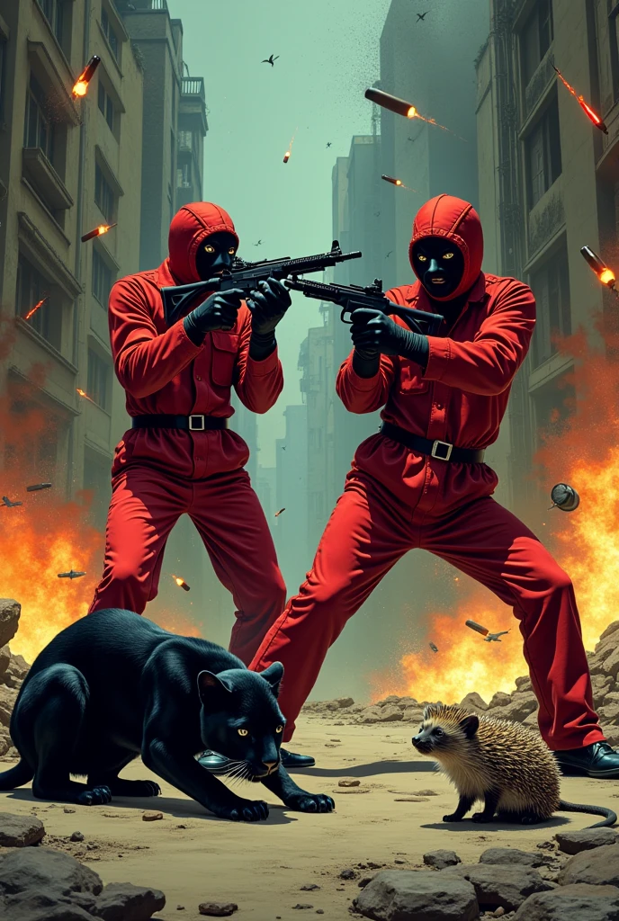 Create image of characters from Casa de Papel shooting and a black panther and a hedgehog and bombs falling and both scared