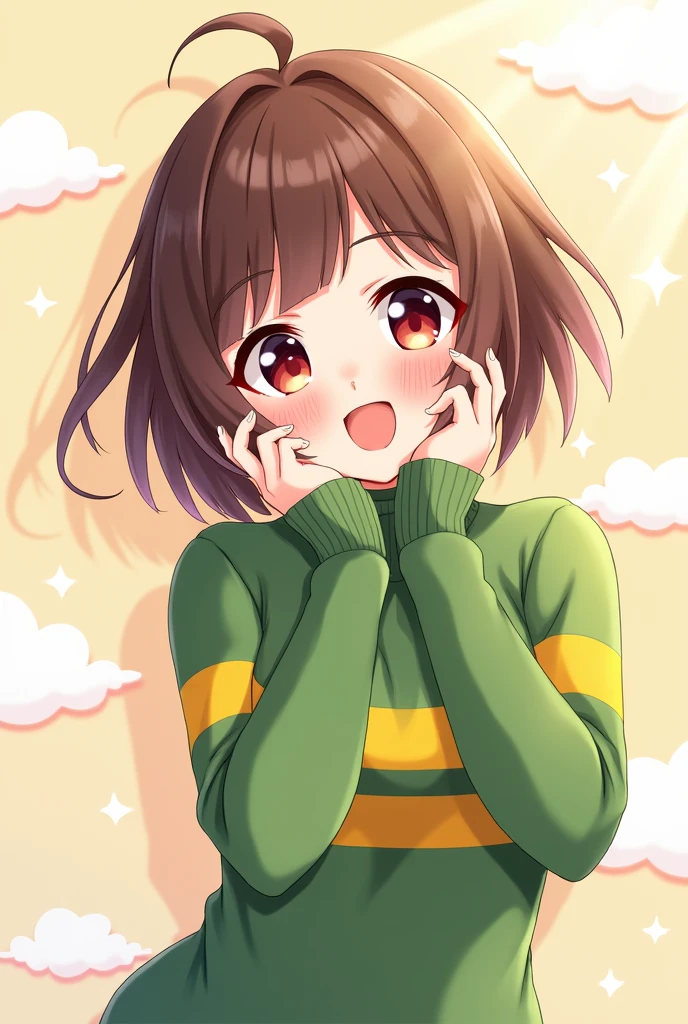 an anime girl with dark red eyes and short brown bob hair wearing a green turtleneck with two horizontal yellow stripes on her chest of her turtleneck sweater doing a cute pose