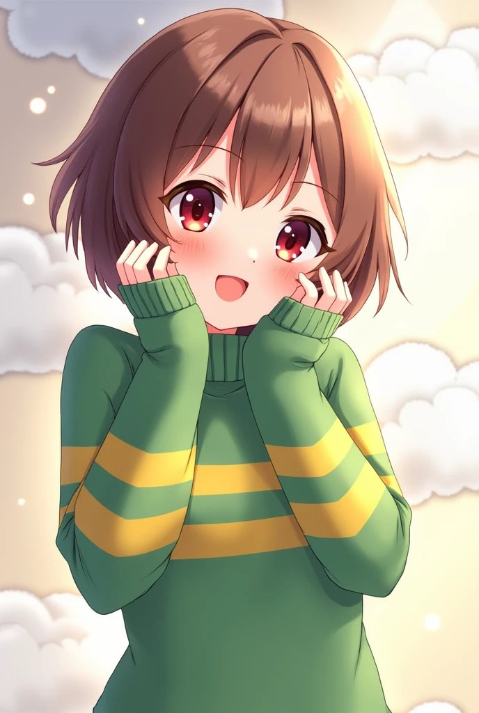 an anime girl with dark red eyes and short brown bob hair wearing a green turtleneck with two horizontal yellow stripes on her chest of her turtleneck sweater doing a cute pose
