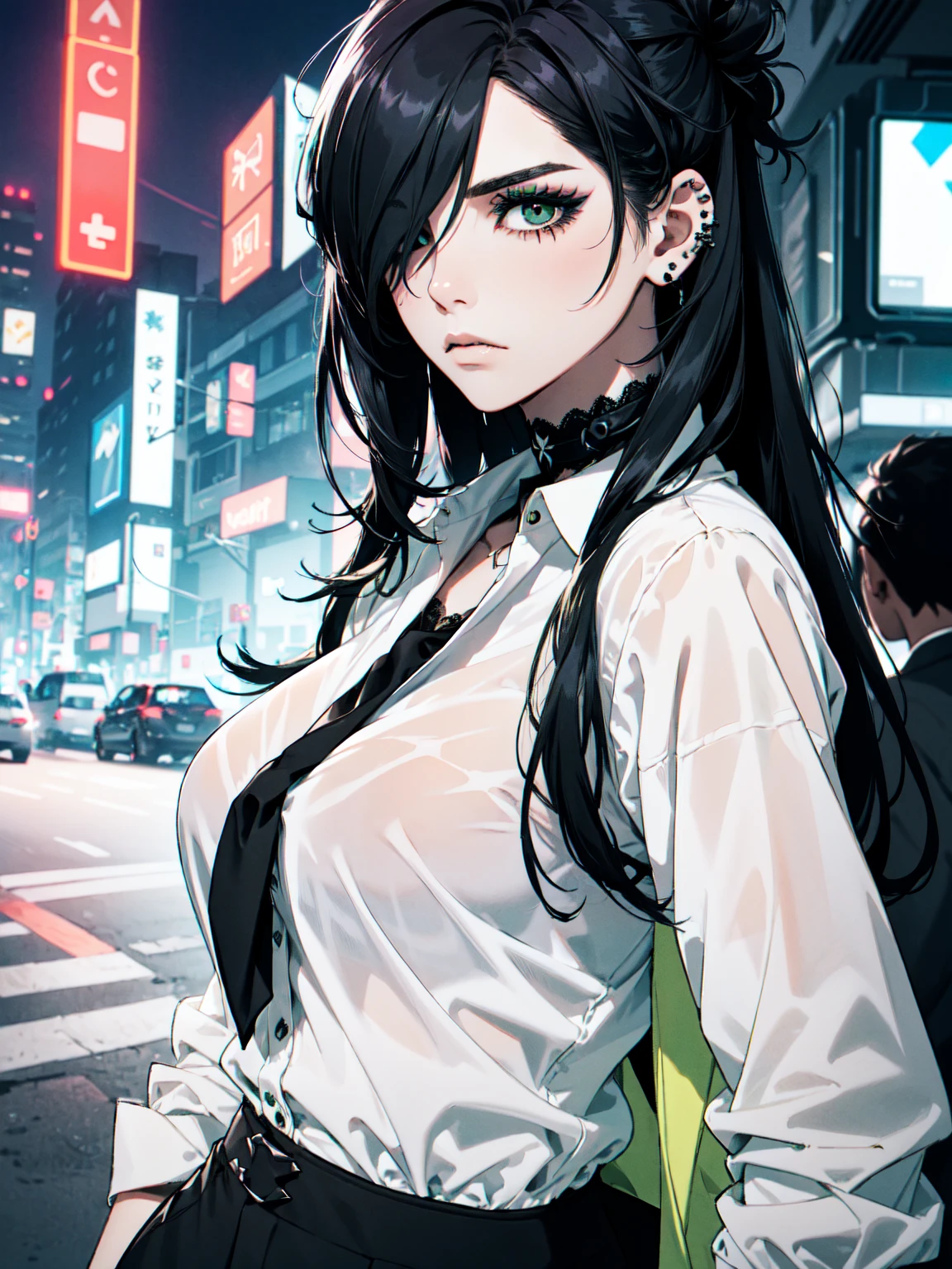 1girl, ((hair over eye)), (tight black lace blazer), black tie, ((long hair)), ((straight hair)), (((black hair))), side swept bangs, white skin, pale, white, (green eye), tired expression, choker, ((dark makeup, mascara, eyeshadow)), multiple piercings, best quality, 8k, cyberpunk city, neon streets, white shirt, erotic
