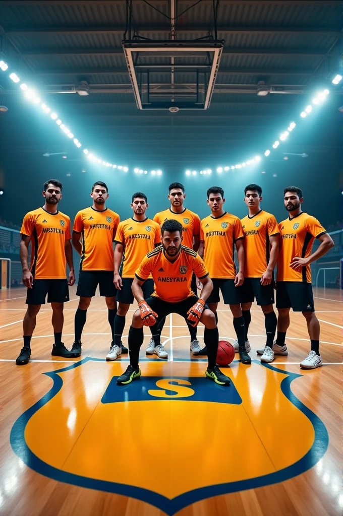 "Create an image of a futsal team with the following players: the goalkeeper Weverton, defenders Davi Neves and Cauã de Souza, midfielders Eduardo and Gabriel, forward Yan Kennedy, and striker ENZZO. The players should be in a dynamic team pose on an indoor futsal court, wearing matching jerseys. The background should feature a typical futsal environment with bright lights and the team logo visible on the court."
