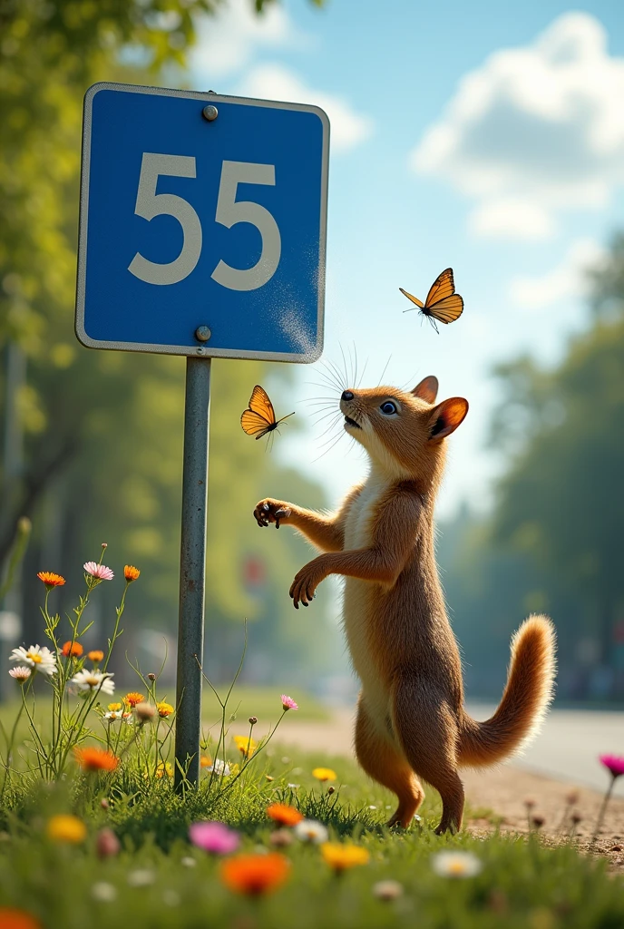 Saruê pissing on the number 55 sign