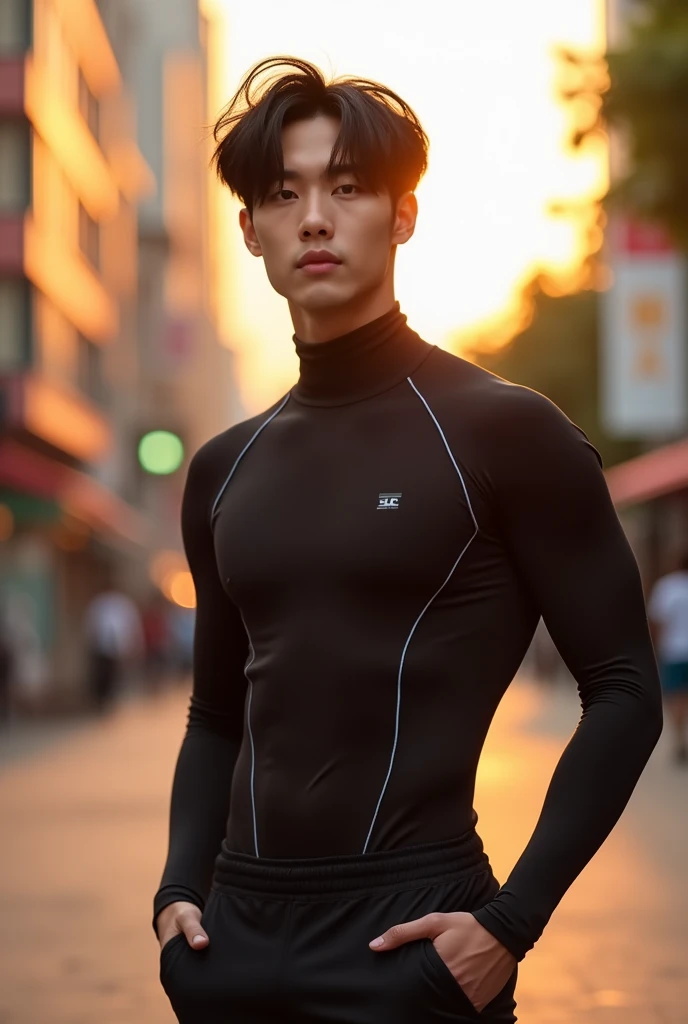 Create a full body lycra BTS Jungkook image with a nice lycra design. Let the image look realistic and look like Jungkook 100%% as if he had taken the photo