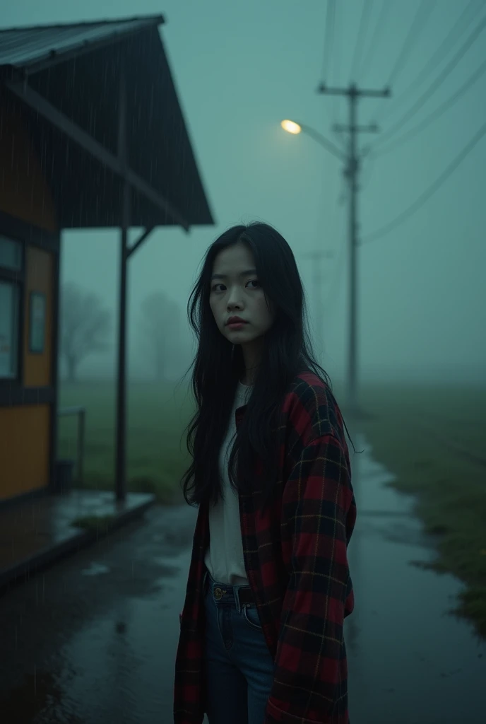 (masterpiece:1.2),best quality,high quality,(realistic),(absurdres:1.2),UHD,ultrarealistic, (rainy night, dark, dark photo, grainy, dimly lit:1.3),a young female (asian features) standing alone in front of an old,shabby,unlit transit station in a deserted countryside on a dark night,full body,(beautiful eyes), 20 years old,long black hair,bangs,plaid, jeans,fog, noise,film grain,depth of field,analog film style,vivid color, looking to the side, she is affraid, side view
