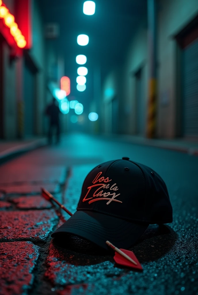 A cupid's arrow with blood and lying on a street and a black baseball cap that says Los de la Cap