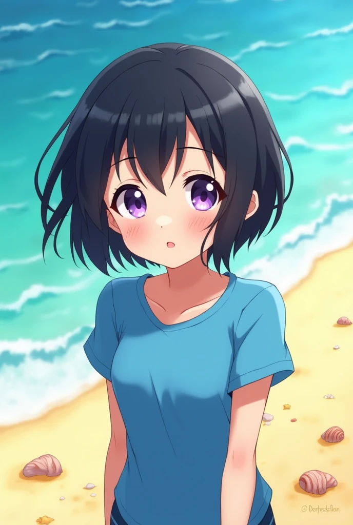 anime, Girl, black hair, short hair, clear skin, purple eyes, on the beach, blue short t-shirt, looking at the viewer 