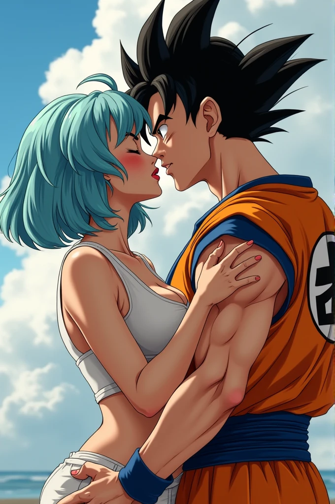 Bulma having sex with Goku and kissing 