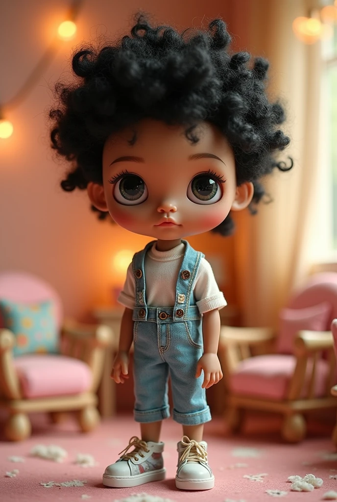 Make a male blythe doll with short black curly hair, with long curly bangs, light brown skin color and long nose