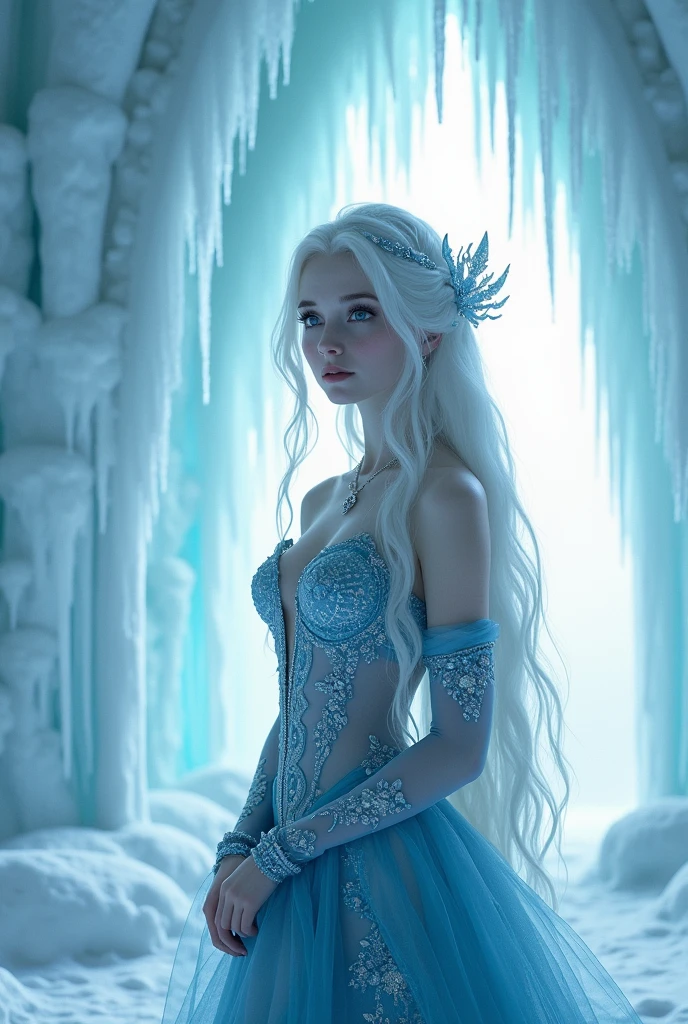 Kizi, very white with dark blue eyes, long white hair, she is dressed in a blue princess outfit, she is in the palace where the ice element is set with a sad look