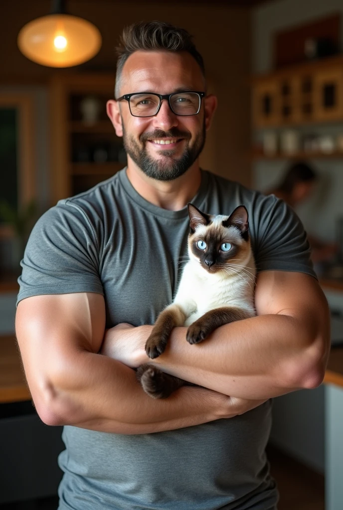 40 year old muscular man, with prescription glasses, with beard. Holding a Siamese cat 
