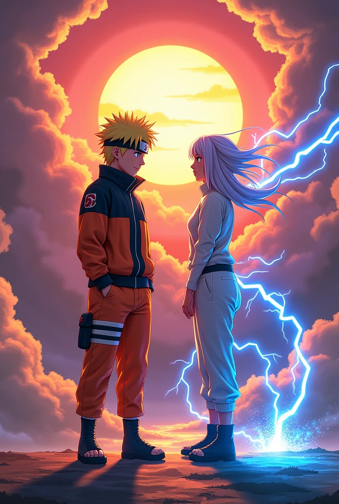 Naruto with Kirua from Hunter x Hunter and mix of the two universes , colored background , aesthetic