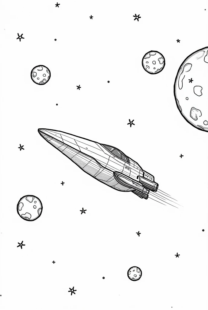 coloring image with white background, a spaceship sailing in the middle of several planets