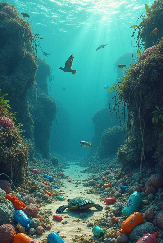 images of polluted beaches and marine life affected by plastics